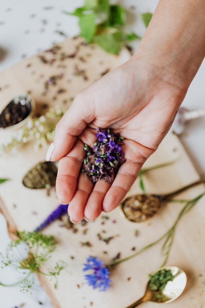 A close-up of a hand holding a fresh herbal mix with purple flowers on a wooden board.