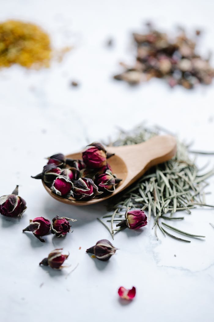 Close-up of dried rosebuds and herbs on a wooden spoon, perfect for tea and natural remedies.